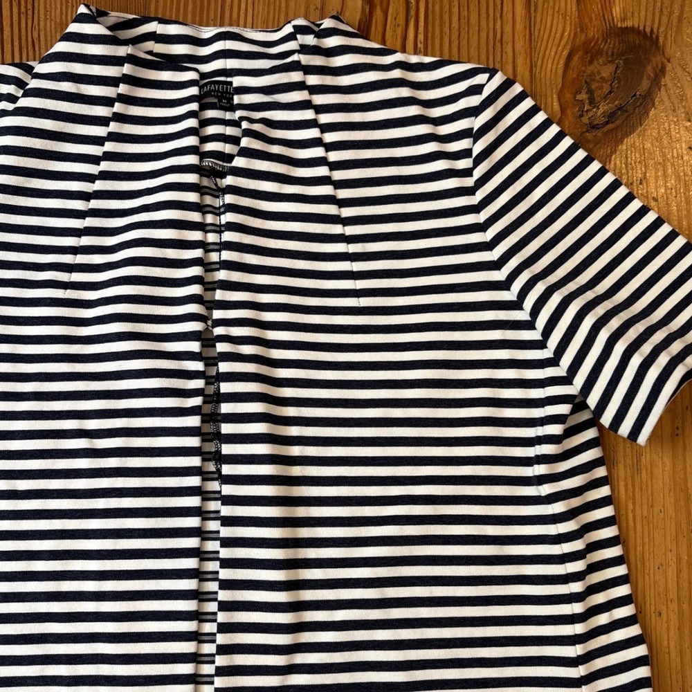 Lafayette 148 Cardigan Women Blue White Striped Open Front Knit SIZE M - Picture 2 of 7